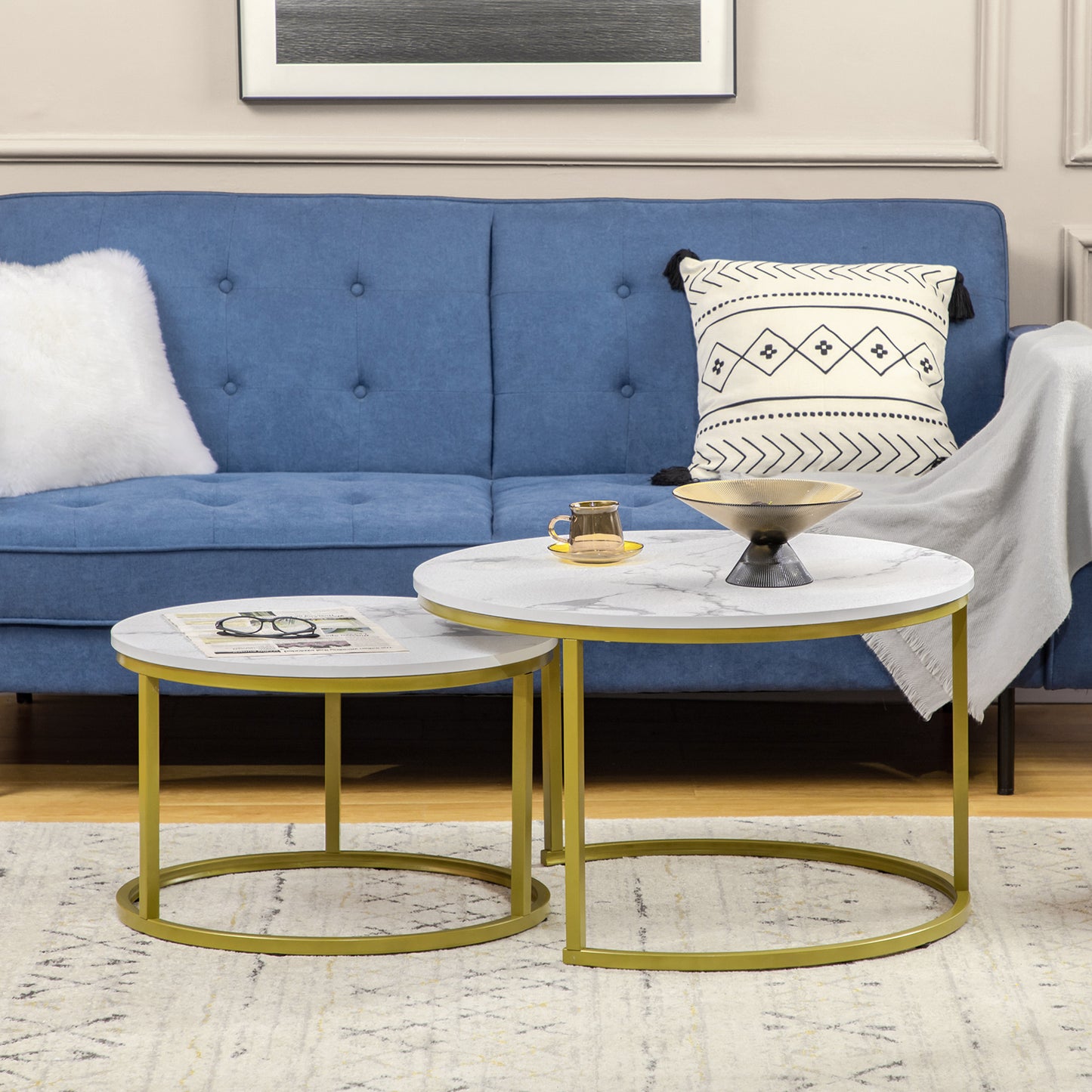 Coffee Table Set of 2, Round Nest of Tables with Metal Frame, Modern Side Tables for Living Room, White