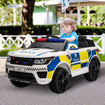 12V Kids Electric Ride On Police with Parental Remote Control, Siren, Flashing Lights and USB - White