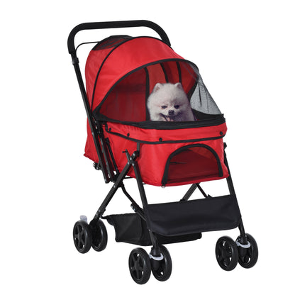 Pet Stroller Pushchair Foldable Travel Dog Cat Carriage w/ Reversible Handle Brake Basket