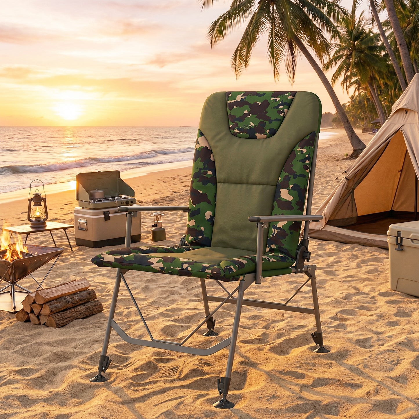 Camping Chair Padded Reclining Folding Chair with Wide Armrests for Adults Camouflage