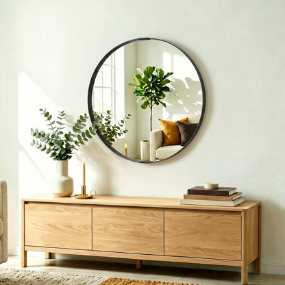 Round Wall Mirror 61 cm, Wall Mounted Bathroom Mirror with Tempered Safety Glass and Aluminium Alloy Frame, Black