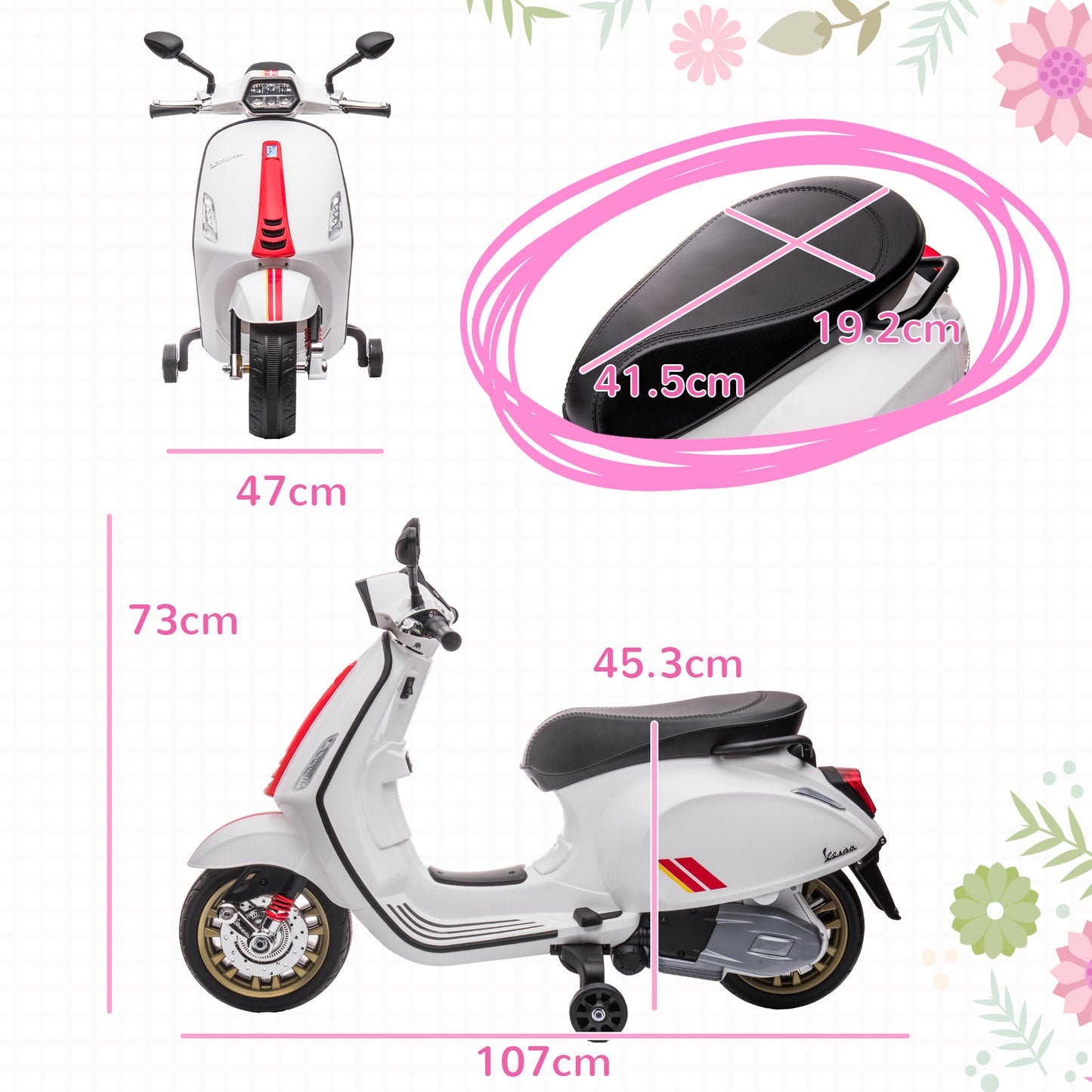 12V Vespa Licensed Kids Electric Motorbike w/ Music, Lights, FM Radio, for 3-6 Years - White