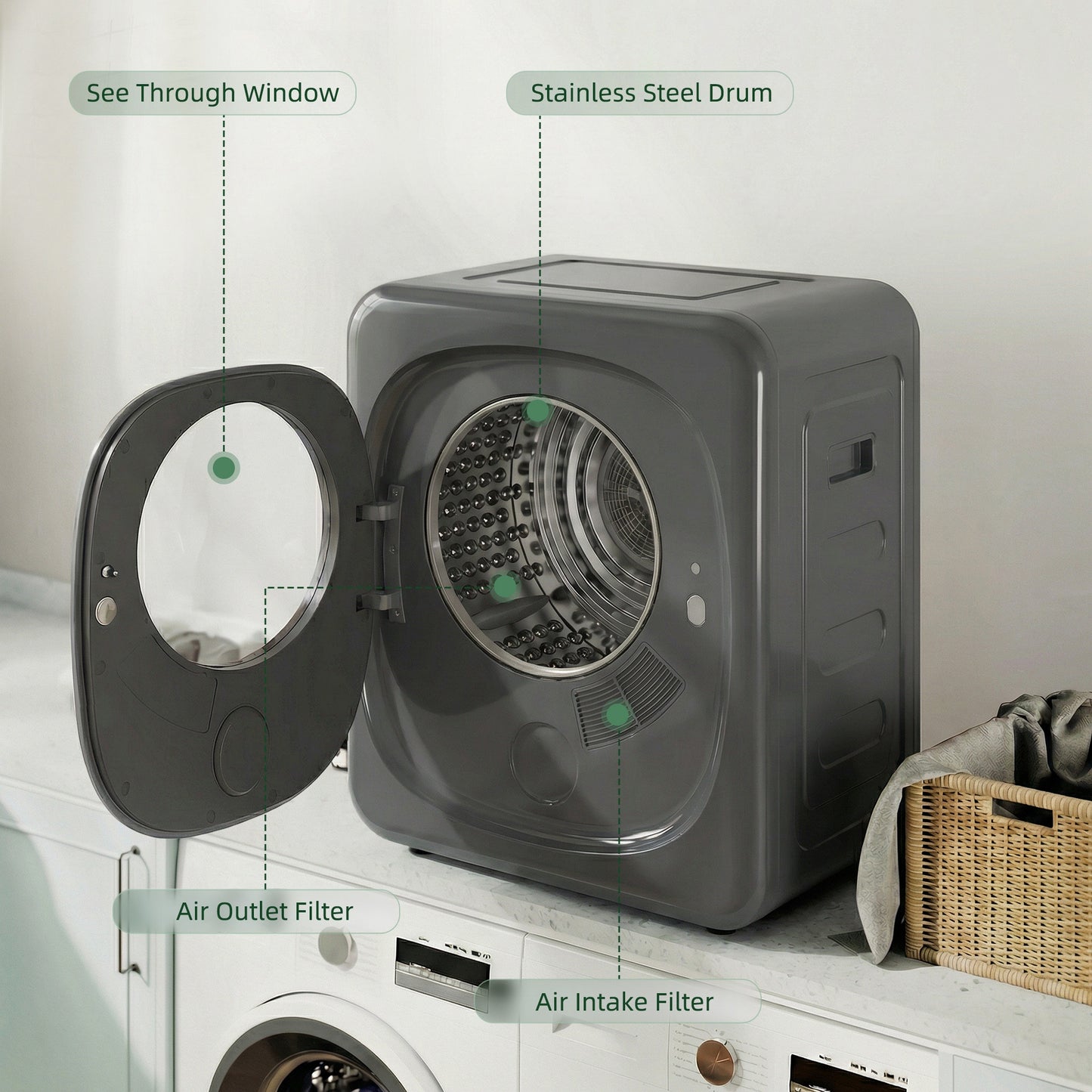 4kg Vented Tumble Dryer with 5 Drying Mode, 800W Compact Freestanding Front Tumble Dryer, Grey