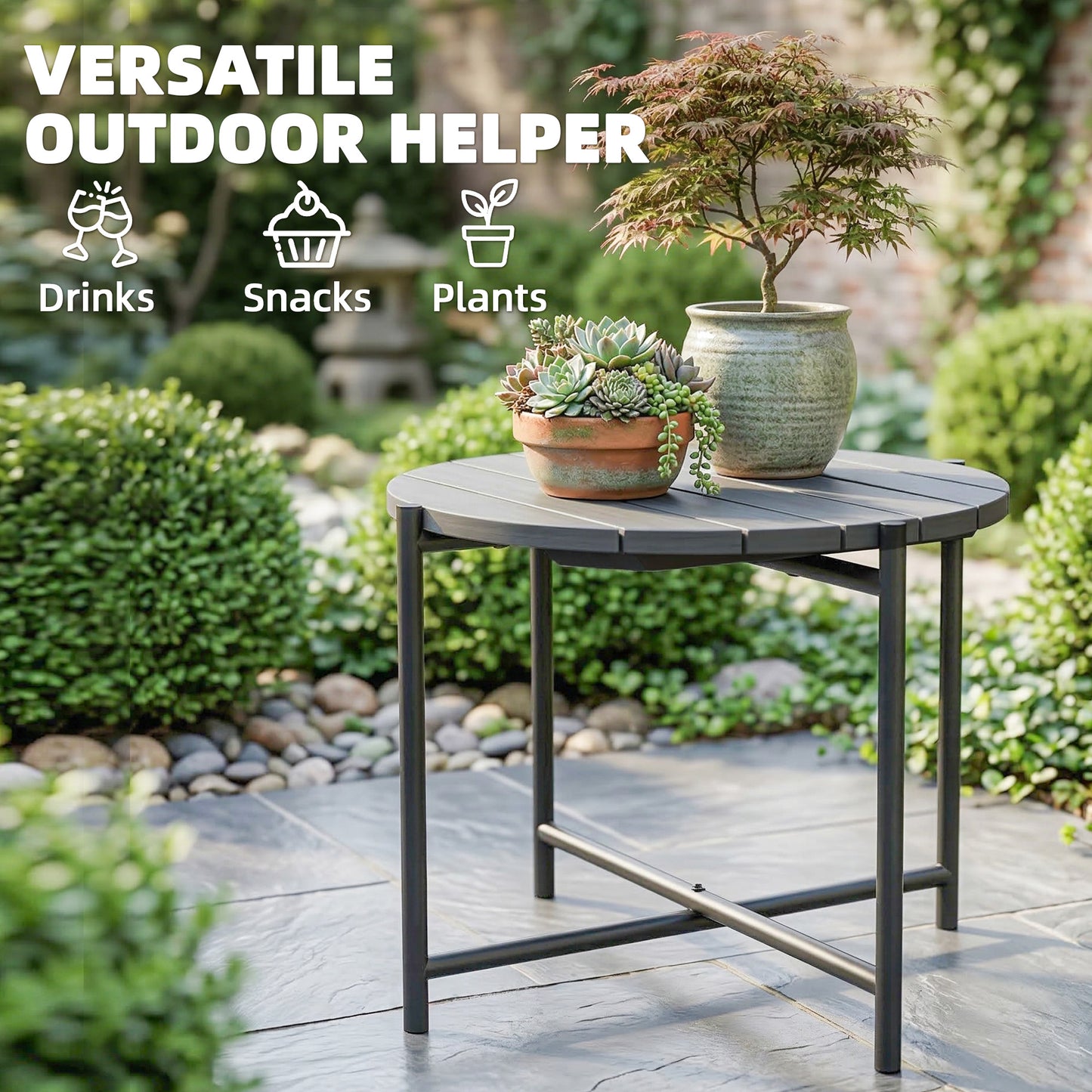 54 cm Round Outdoor Side Table, Industrial Small Garden Table with Slatted Wood Top and Metal Frame, Dark Grey