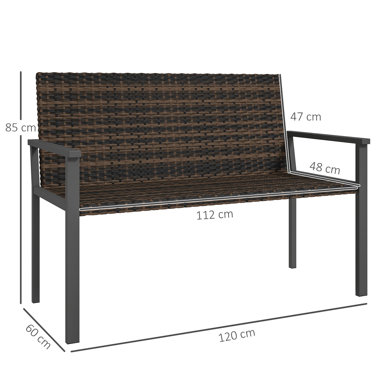 2 Seater Rattan Garden Bench, Outdoor Bench with Quick-Drying Cotton Padding, Wicker Garden Loveseat with Armrests