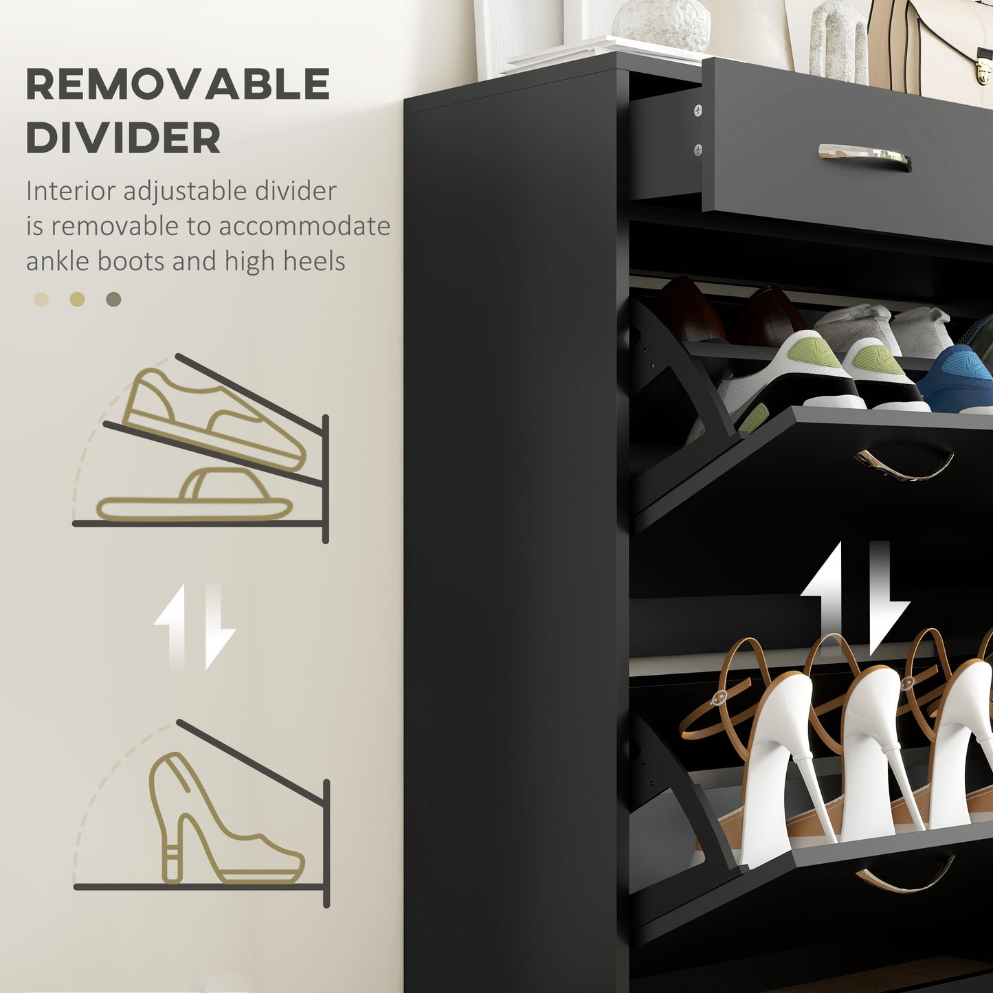 Narrow Shoe Storage with 2 Flip Drawers and Adjustable Shelves Shoe Cabinet Organizer for 12 Pairs of Shoes, Black