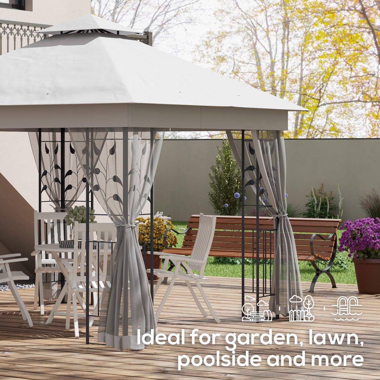 3 x 3m Steel Frame Double Roof Garden Gazebo - Light Grey