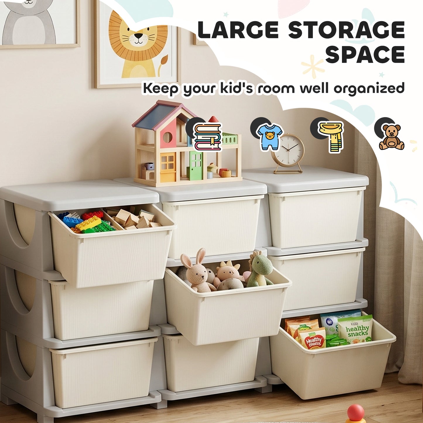 Kids Storage Unit, with Nine Drawers - Cream