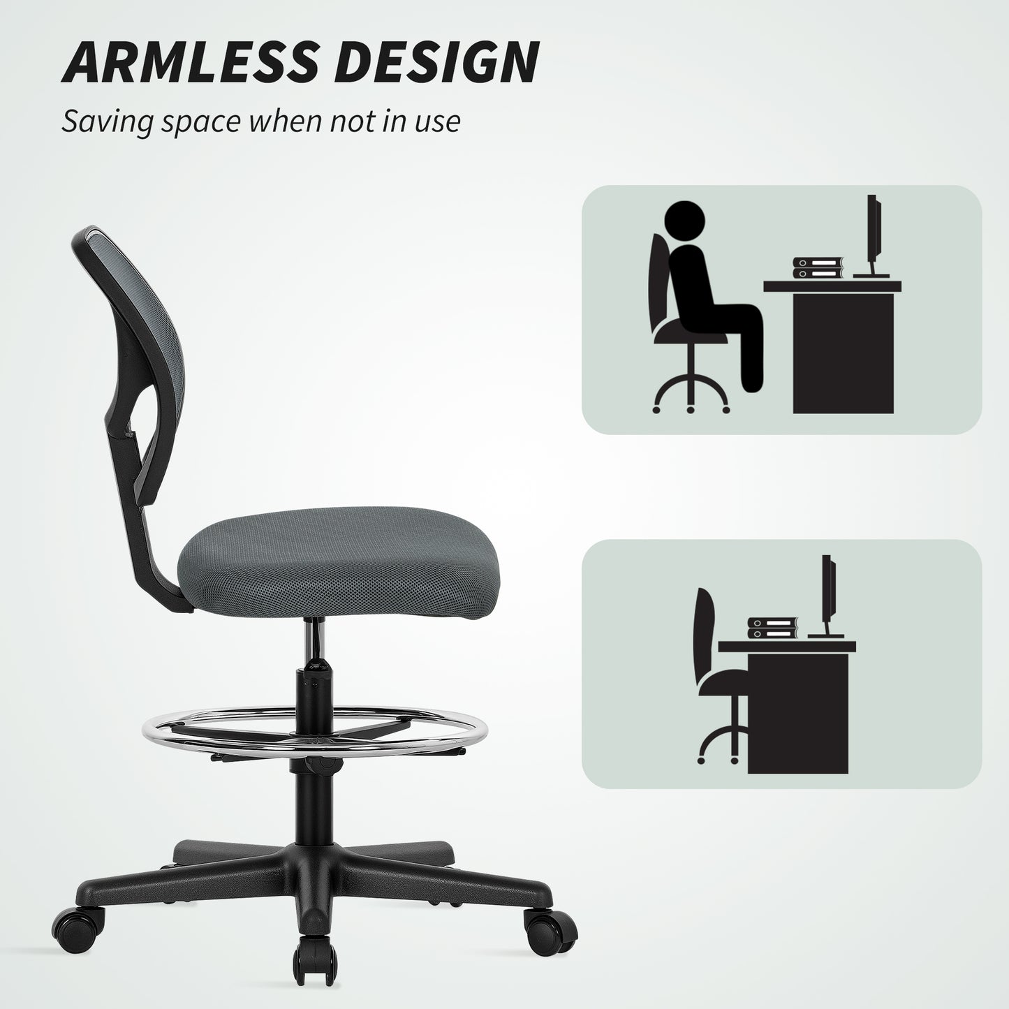 Ergonomic Mesh Standing Desk Chair with Adjustable Footrest Ring and Seat Height Charcoal Grey