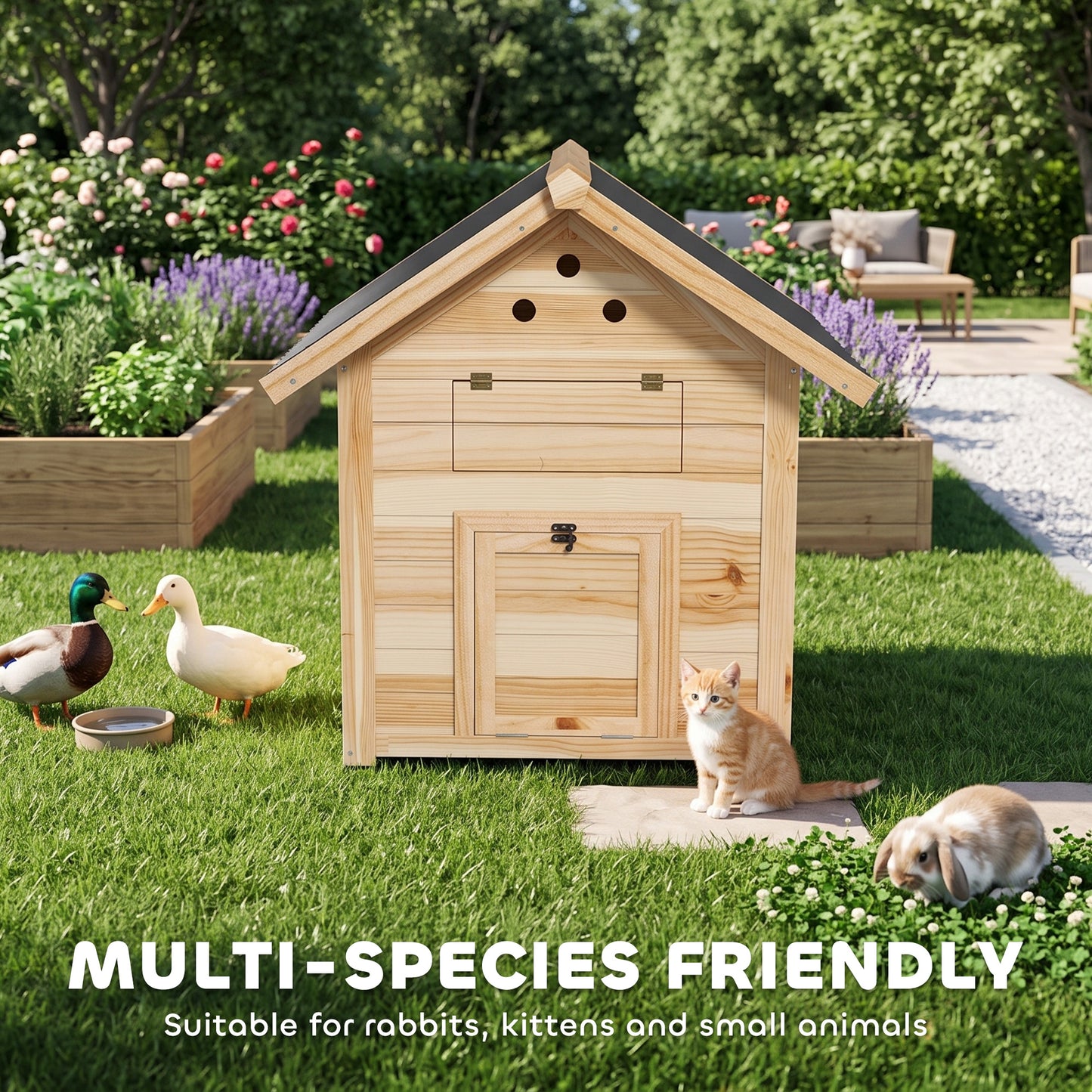 Wooden Duck House with Double Doors, Openable Roof, Ventilation Holes, Removable Base, Natural Wood Finish