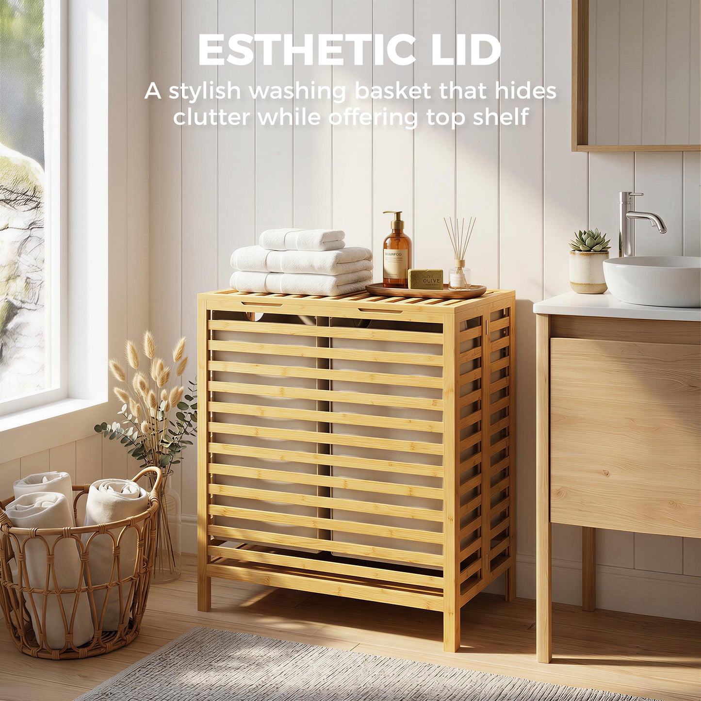 Bamboo Laundry Basket with Lid, 2 Baskets, Foldable, 64L, Natural and Cream White