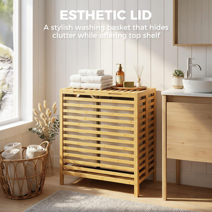 Bamboo Laundry Basket with Lid, 2 Baskets, Foldable, 64L, Natural and Cream White