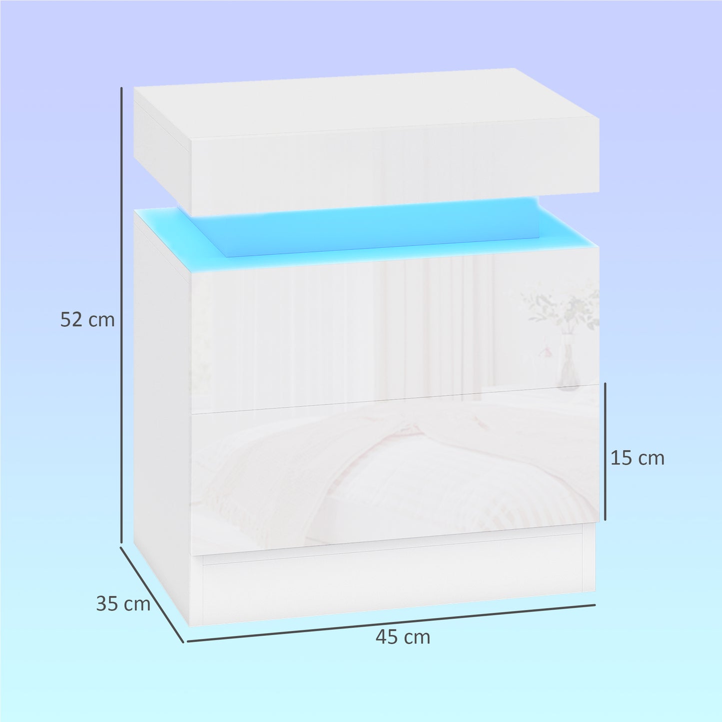 White Bedside Table with LED Light, High Gloss Front Nightstand with 2 Drawers, for Living Room, Bedroom, Set of 2