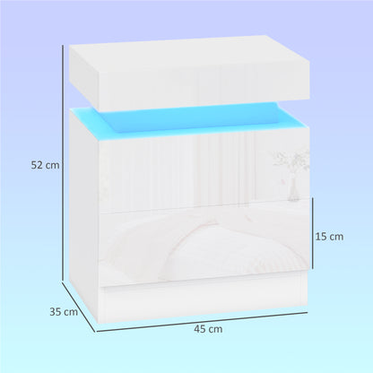 White Bedside Table with LED Light, High Gloss Front Nightstand with 2 Drawers, for Living Room, Bedroom, Set of 2