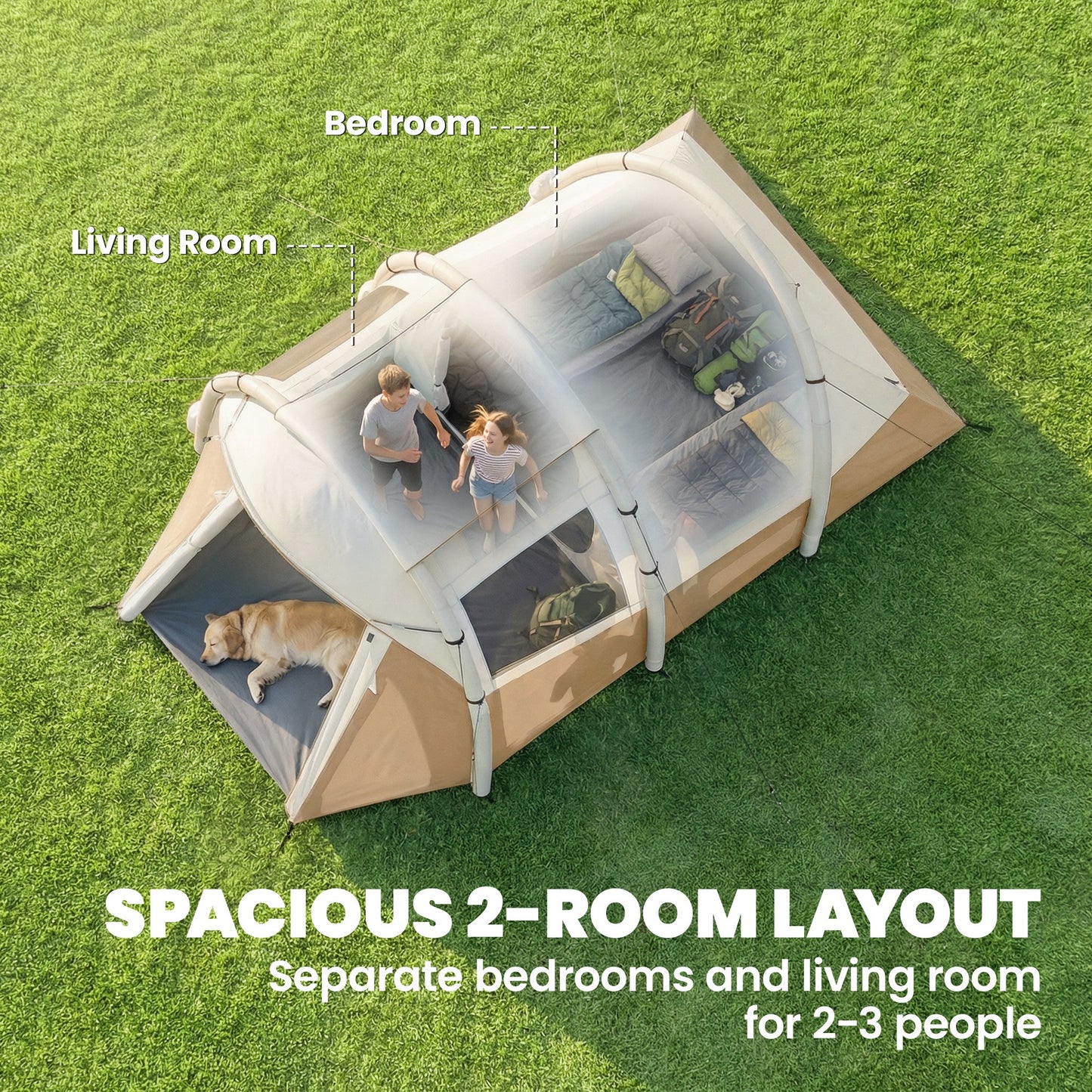 Inflatable Camping Tent w/ Air Pump, Easy Setup 2-3 Person Blow Up Tent, Khaki
