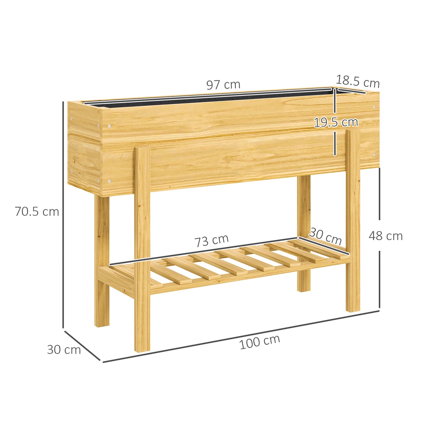 Wooden Raised Garden Bed, Elevated Planter Box with Bed Liner, Drainage Holes and Storage Shelf