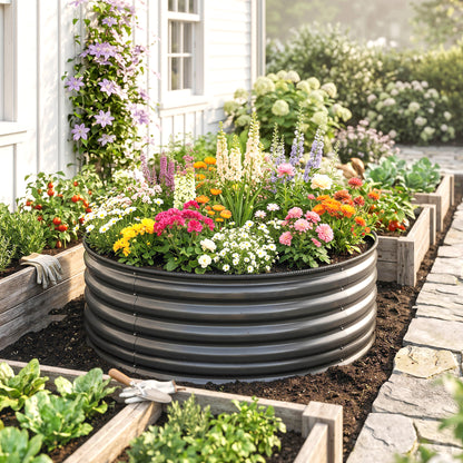Galvanised Raised Garden Bed with Safety Edging, Outdoor Raised Planter Box with Gloves, 120 x 120 x 43cm, Dark Grey