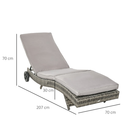 Patio Wicker Chaise Lounge Chair, Outdoor PE Rattan Sun Lounger with Adjustable Backrest and 2 Wheels, Grey