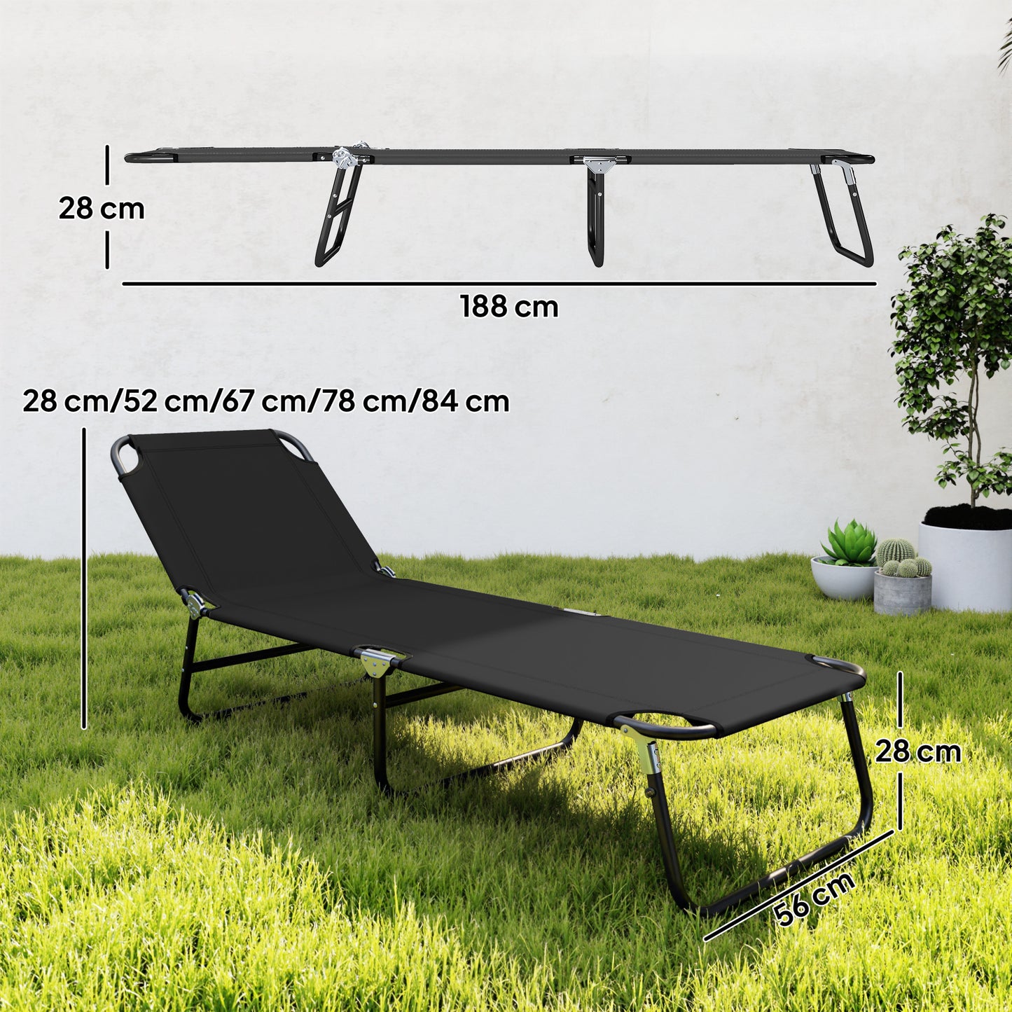 Foldable Sun Lounger with 5-Position Adjustable Backrest, Outdoor Portable Recliner Chaise Lounge Chair