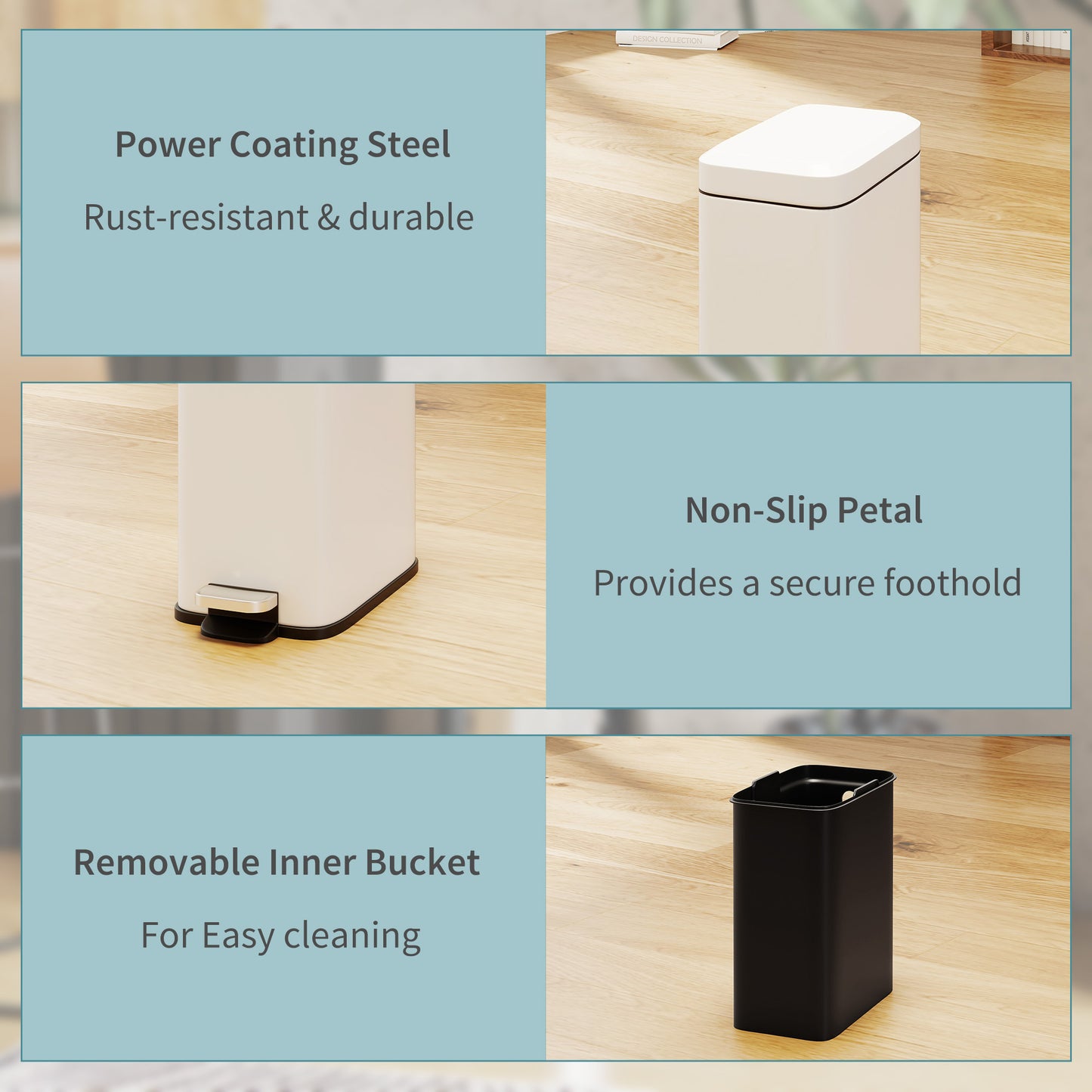 5L Rectangular Compact Bin Steel Body Removable Bucket Quiet-Close Lid w/ Pedal Lid Rubbish Trash Can Home Office Bedroom Bat