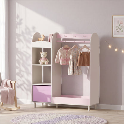 Kids Clothing Rack, Kids Wardrobe with Glowing Lights Mirror, Non-Woven Drawer and Shelves for Bedroom, Ages 3-8, Pink