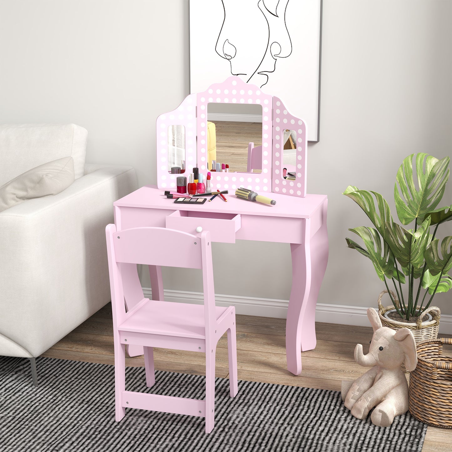 Kids Dressing Table Sets with Stool and Tri-Fold Mirror, Drawer for Playroom, Bedroom - Pink