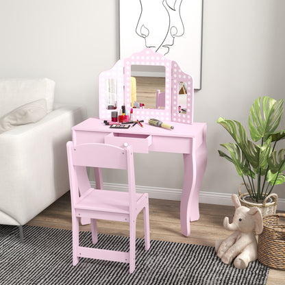 Kids Dressing Table Sets with Stool and Tri-Fold Mirror, Drawer for Playroom, Bedroom - Pink