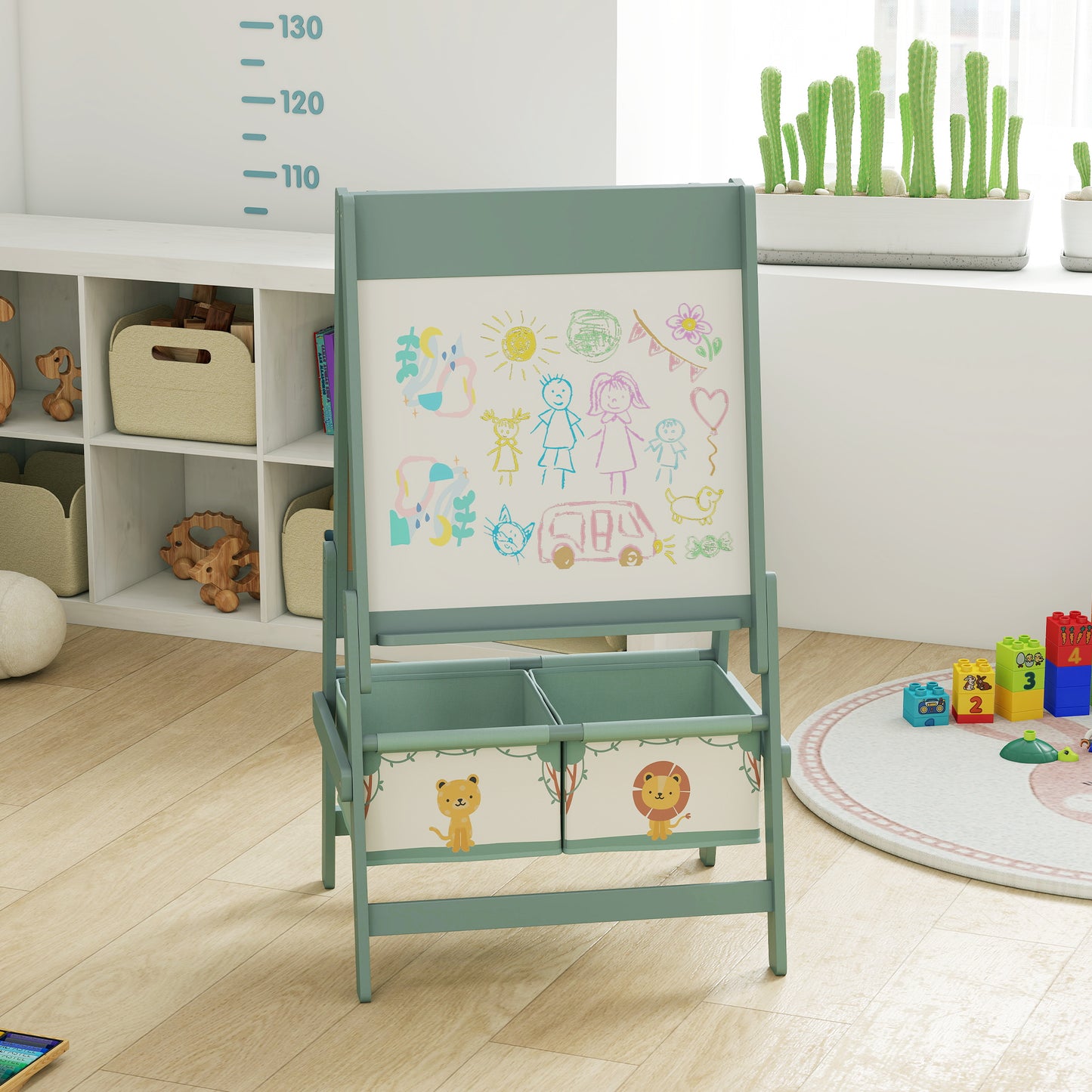 Art Easel for Kids, Double-Sided Whiteboard/Blackboard with Paper Roll, Two Storage Boxes, for Ages 3-8 Years, Green