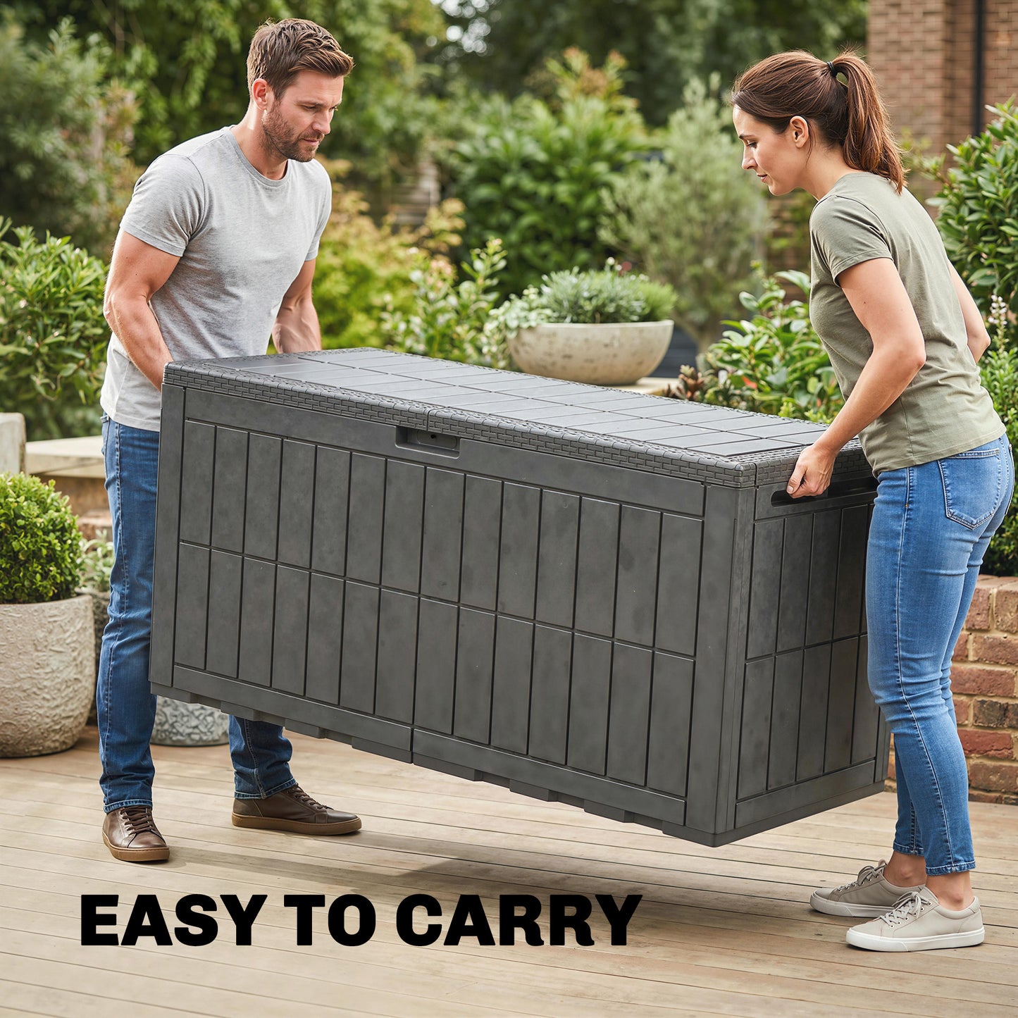 440L Garden Storage Box, Waterproof & UV Resistant Resin Deck Box with Lockable Lid, Pneumatic Gas Rods, Side Handles