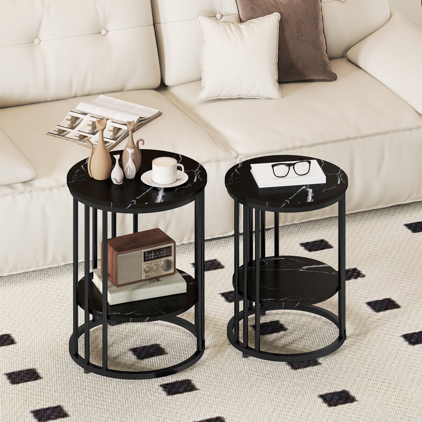 Set of Two Marble-Effect Coffee Tables - Black