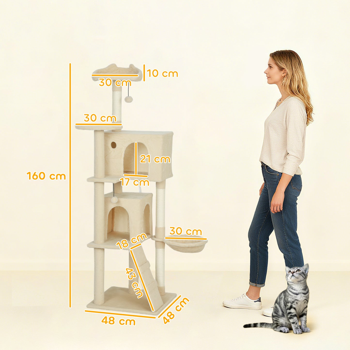 160cm Large Cat Tree Tower with Sisal Scratching Posts, Condos, Plush Perches, Hammock, Ladder, Beige
