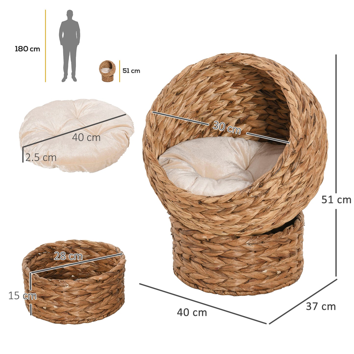 Wicker Cat Bed, Raised Rattan Cat Basket with Cylindrical Base, Soft Washable Cushion, 40 x 37 x 51 cm - Brown