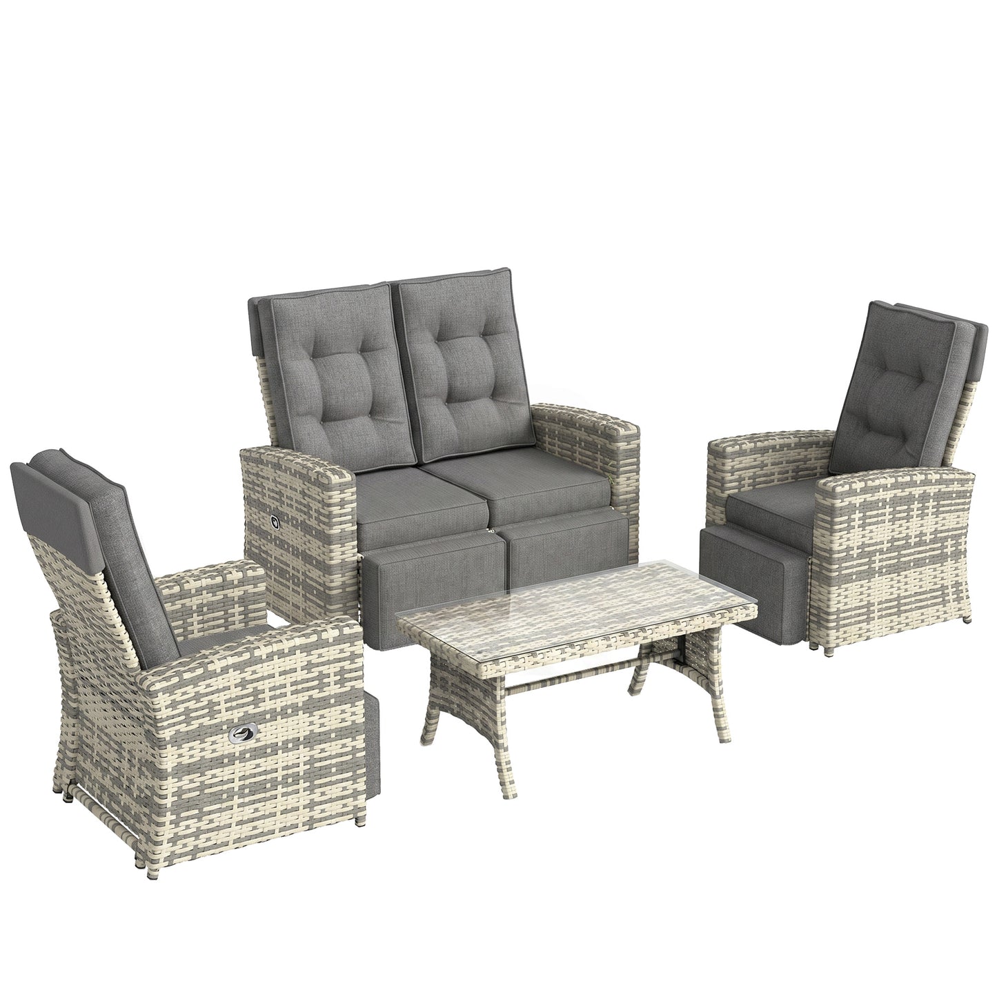 4 Piece Rattan Garden Furniture Set Outdoor Sofa Sectional Set with Glass Top Table for Poolside, Light Grey