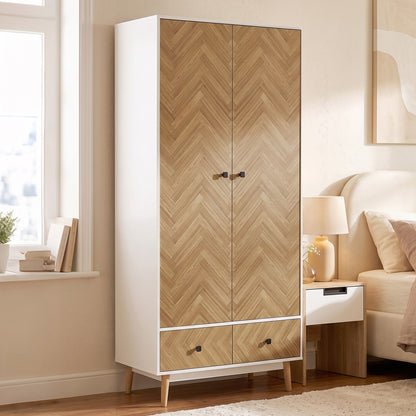 Cabinet Wood-Effect Sticker Surface, Modern Wardrobe with 2 Hanging Rods, 2 Storage Shelves and 2 Drawers, White