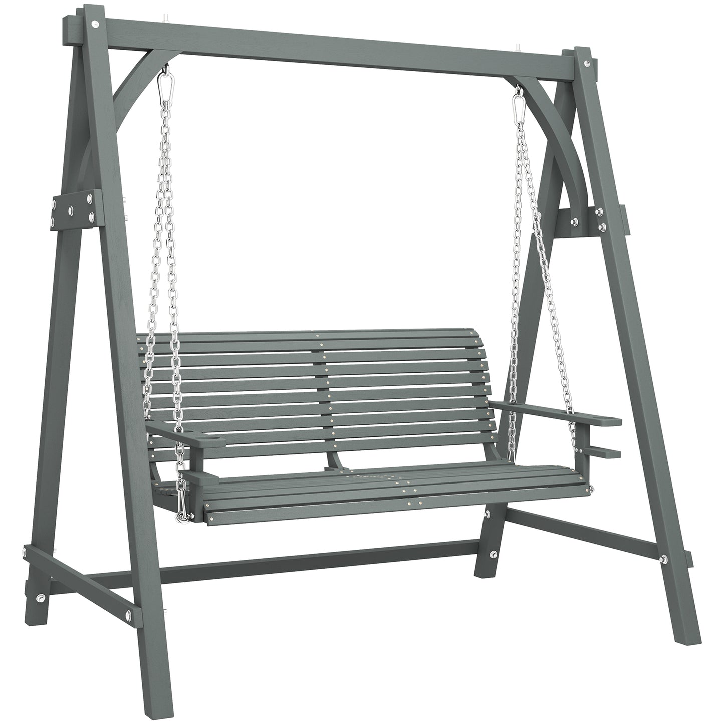 2 Seater Garden Swing Seat, Wooden Swing Chair Bench with Cup Holders for Outdoor Porch Patio, Grey