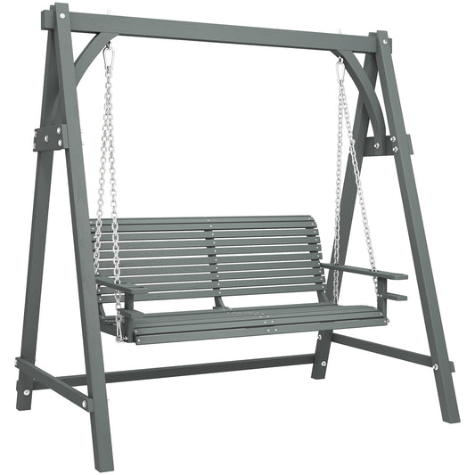 2 Seater Garden Swing Seat, Wooden Swing Chair Bench with Cup Holders for Outdoor Porch Patio, Grey