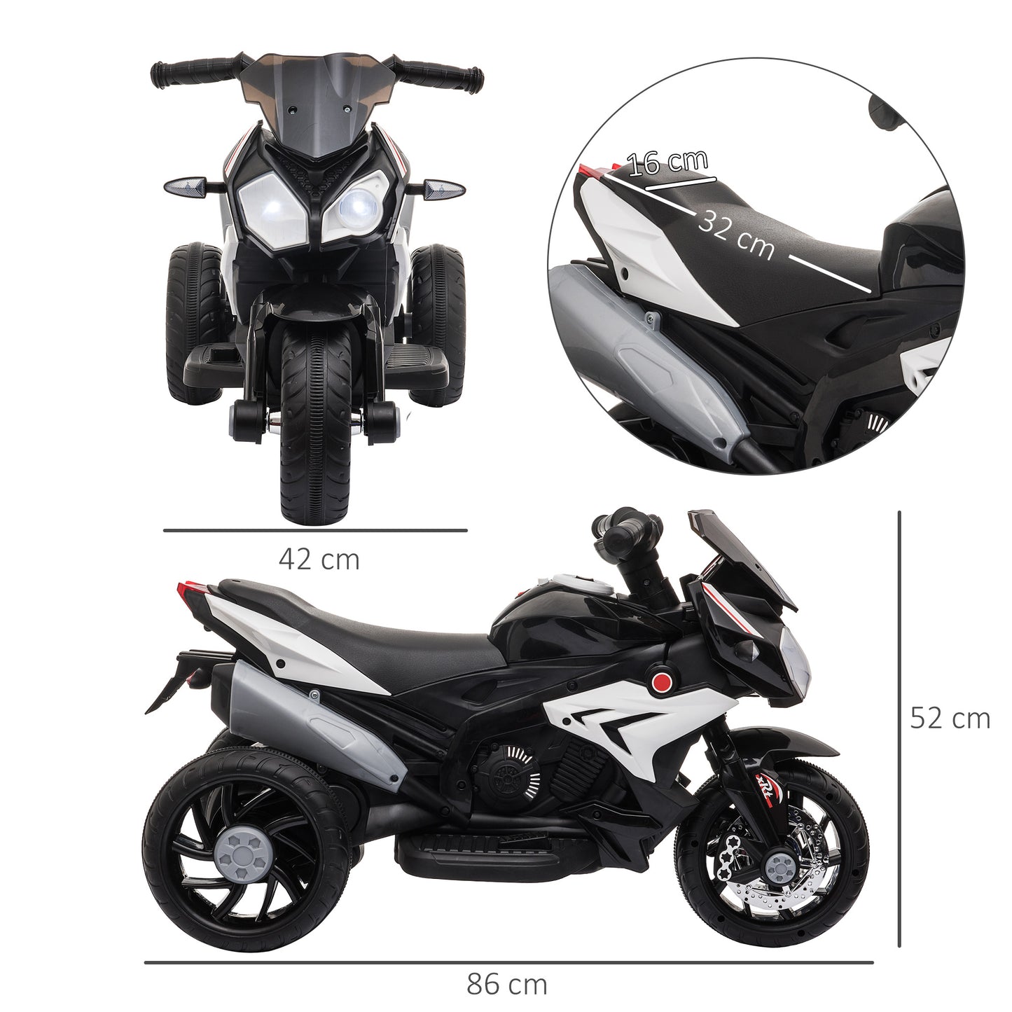 Kids Electric Motorcycle, 6V Ride on Motorcycle with 3 Wheels, LED Headlight, Music, Horn for Boys Girls 3-5 Y, Black