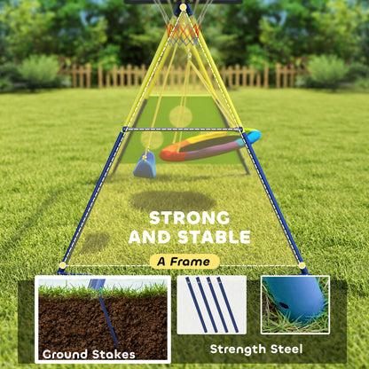 4-in-1 Kids Swing Set with Saucer Swing, Basketball Hoop and Football Goal, Outdoor Playground Playset for Garden