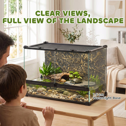 Reptile Glass Terrarium with Stone Background, Front Ventilation, Escape-Proof Knob Lock, 50 x 30 x 35 cm, Black