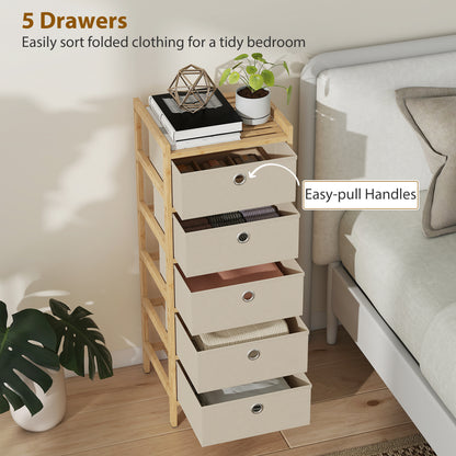 Chest of Drawers, 5 Fabric Drawers Narrow Dresser with Bamboo Frame, Cream White