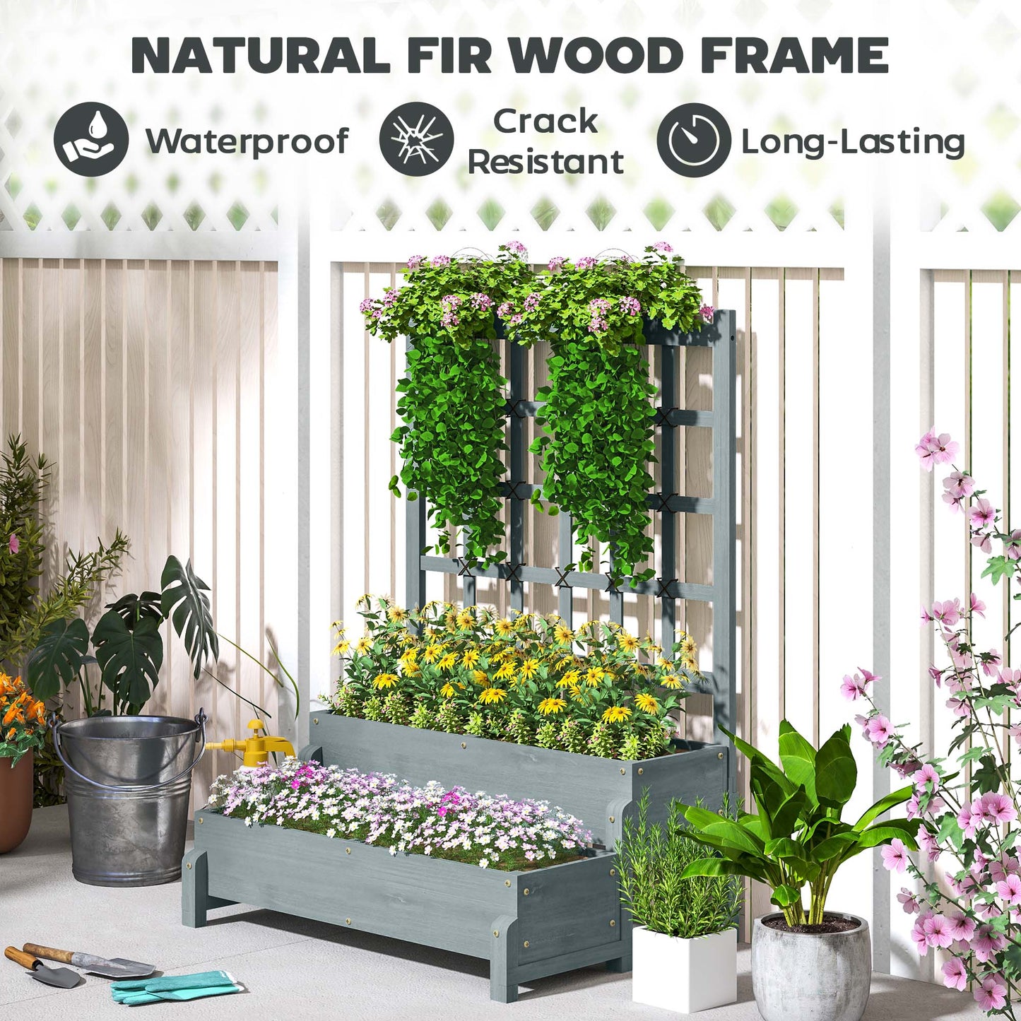 2-Tier Raised Garden Bed with Trellis, Wooden Elevated Planter Box with Drainage Holes