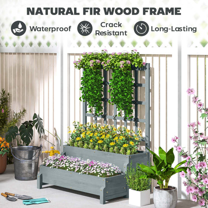 2-Tier Raised Garden Bed with Trellis, Wooden Elevated Planter Box with Drainage Holes