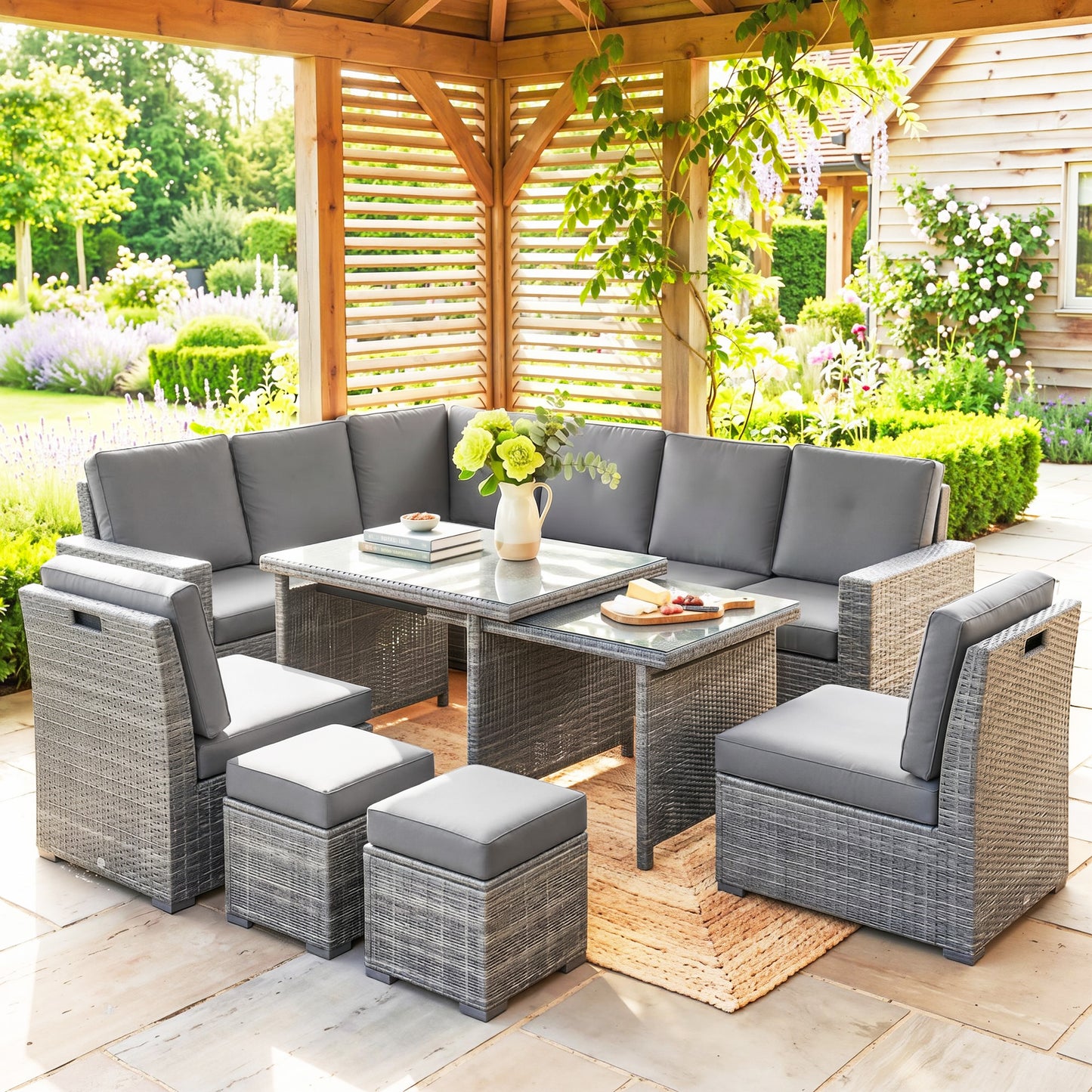 Seven-Piece Rattan Garden Sofa Set, with Expanding Table - Light Grey