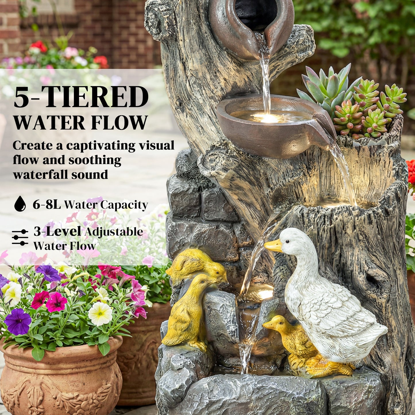 5-Tier Outdoor Waterfall Fountain, Freestanding Self-Contained Cascading Water Feature Garden Landscape