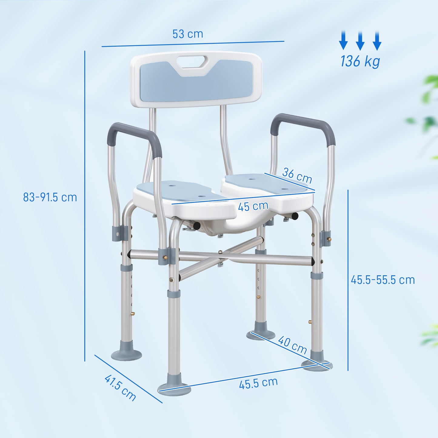 Aluminium Shower Chair, with Padded Seat - Light Blue