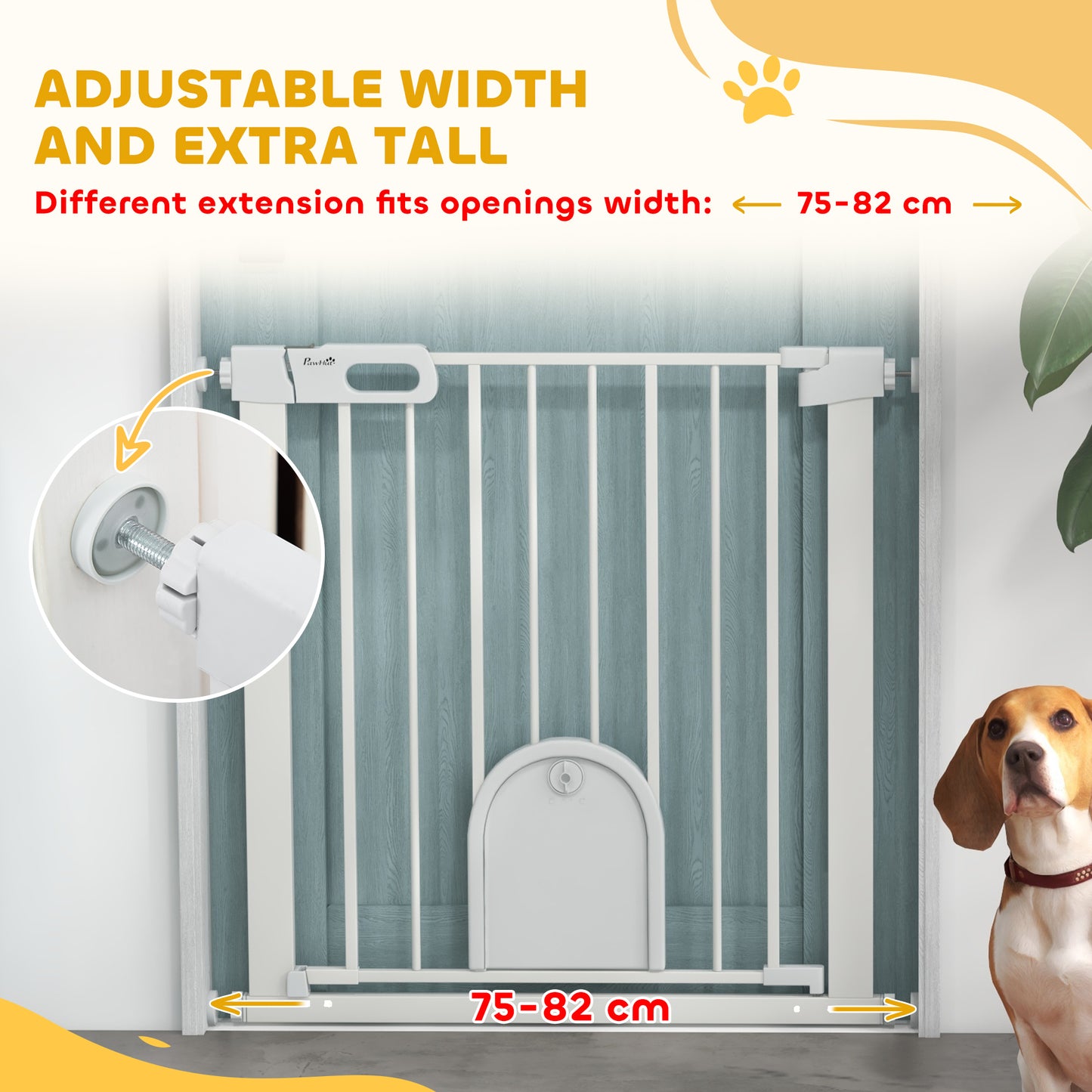 75-82cm Pet Safet Gaye, Pressure Fit Stair, with Cat Flap, Double Locking, White