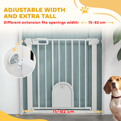 75-82cm Pet Safet Gaye, Pressure Fit Stair, with Cat Flap, Double Locking, White
