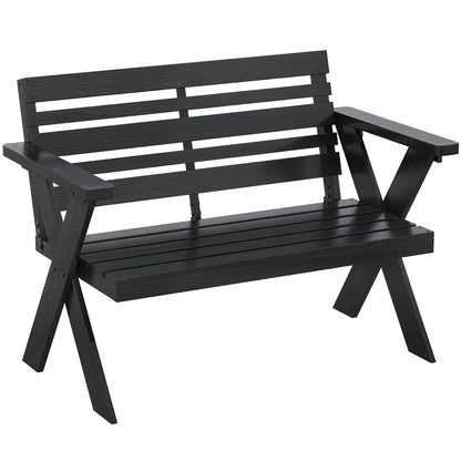 2 Seater Wooden Garden Bench, Slatted Patio Bench with Armrest and Backrest, Black