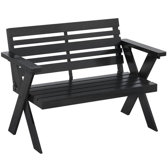 2 Seater Wooden Garden Bench, Slatted Patio Bench with Armrest and Backrest, Black