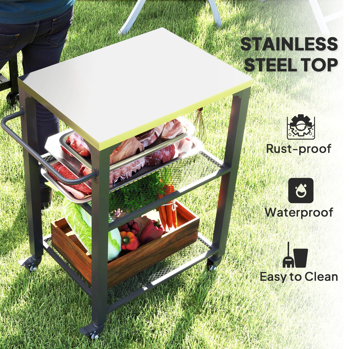 Three-Shelf Outdoor Grill Cart with Stainless Steel Top, Outdoor Kitchen Island with 4 Wheels, 3 Hooks